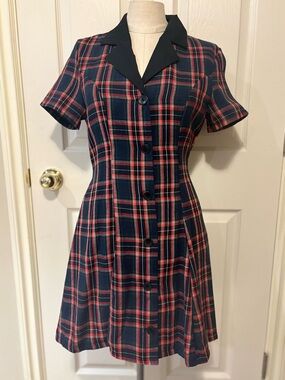 ROMWE Navy and Red Plaid Button-Front Mini Dress